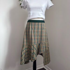 Vintage Green and Tan Plaid Asymmetrical Pleated Midi Skirt Size XS/S